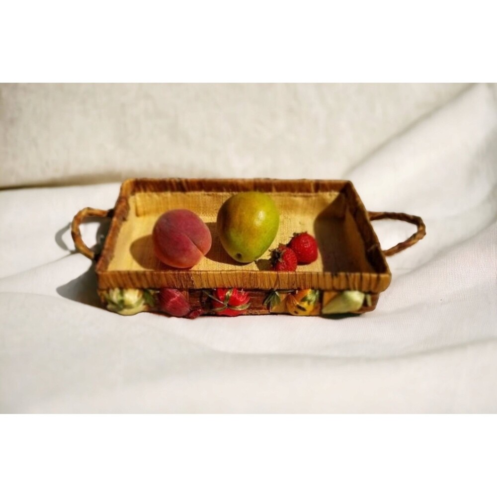 Vtg Wicker Basket Wooven Straw Tray Basket  Decorated With Harvest Embroidery
